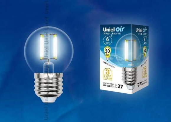 Филаментная светодиодная лампа E27 6W 4000K (белый) Air Uniel LED-G45-6W-NW-E27-CL GLA01TR (UL-00002208) Филаментная светодиодная лампа E27 6W 4000K (белый) Air Uniel LED-G45-6W-NW-E27-CL GLA01TR (UL-00002208)