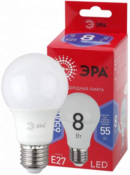 Светодиодная лампа E27 8W 6500К (дневной) Эра LED A60-8W-865-E27 R (Б0045323)