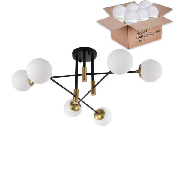 Потолочная люстра Crystal Lux с лампочками FIDEL PL6 BLACK+Lamps E27 P45