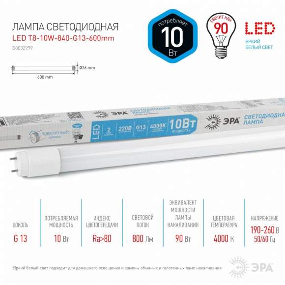 Светодиодная лампа G13 10W 4000К (белый) Эра LED T8-10W-840-G13-600mm (Б0032999) Светодиодная лампа G13 10W 4000К (белый) Эра LED T8-10W-840-G13-600mm (Б0032999)