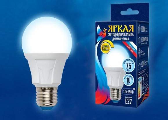 Диммируемая светодиодная лампа E27 10W 6500K (холодный) Uniel LED-A60 10W-6500K-E27-FR-DIM PLP01WH (UL-00004285) Диммируемая светодиодная лампа E27 10W 6500K (холодный) Uniel LED-A60 10W-6500K-E27-FR-DIM PLP01WH (UL-00004285)