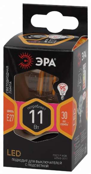 Филаментная светодиодная лампа Е27 11W 2700К (теплый) Эра F-LED P45-11w-827-E27 (Б0047013)