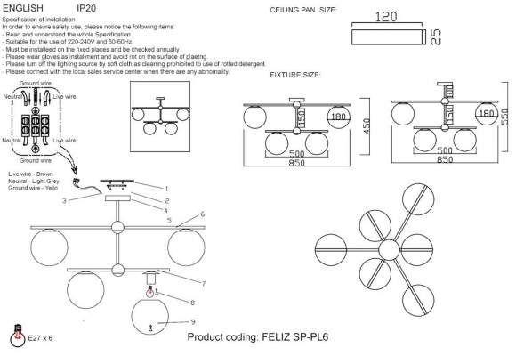 Потолочная люстра Crystal Lux FELIZ SP-PL6 BRONZE/WHITE Потолочная люстра Crystal Lux FELIZ SP-PL6 BRONZE/WHITE