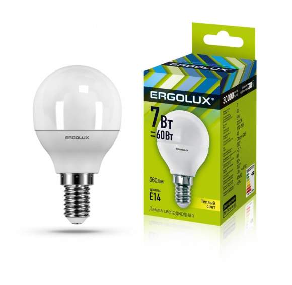 Светодиодная лампа E14 7W 3000K (теплый) Ergolux LED-G45-7W-E14-3K (12142)