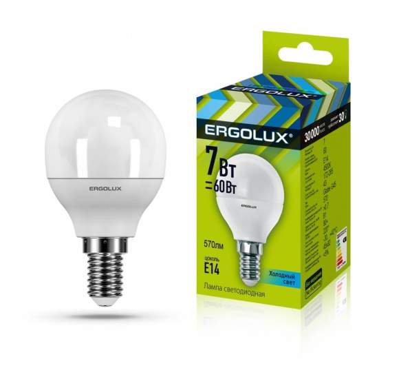 Светодиодная лампа E14 7W 4500K (белый) Ergolux LED-G45-7W-E14-4K (12144)