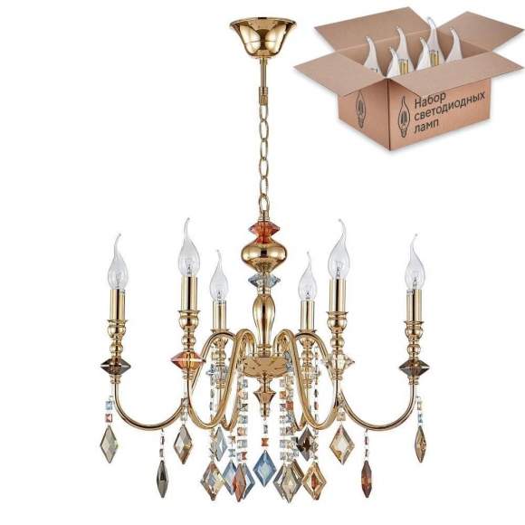 Подвесная люстра Crystal Lux с лампочками Mercedes SP6 Gold/Color+Lamps E14 Свеча Подвесная люстра Crystal Lux с лампочками Mercedes SP6 Gold/Color+Lamps E14 Свеча