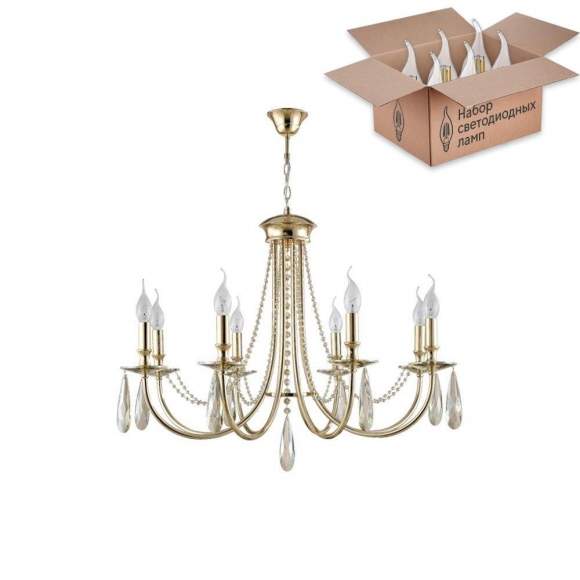 Подвесная люстра Crystal Lux с лампочками VICTORIA SP8 GOLD/AMBER+Lamps E14 Свеча Подвесная люстра Crystal Lux с лампочками VICTORIA SP8 GOLD/AMBER+Lamps E14 Свеча