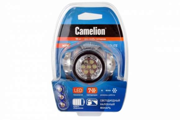 Налобный светодиодный фонарь на батарейках. Дистанция освещения - 20 м. Поворотный корпус. 3 режима работы. Camelion LED5310-7F3 (7534)