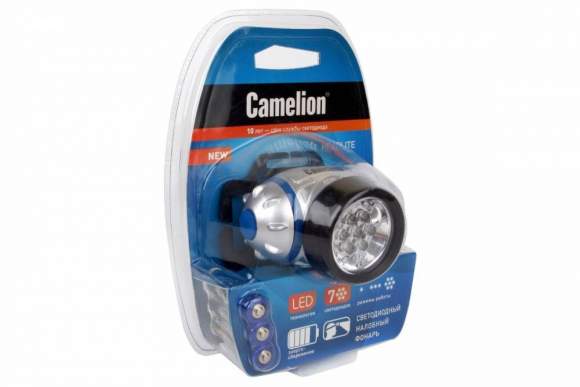 Налобный светодиодный фонарь на батарейках. Дистанция освещения - 20 м. Поворотный корпус. 3 режима работы. Camelion LED5310-7F3 (7534)