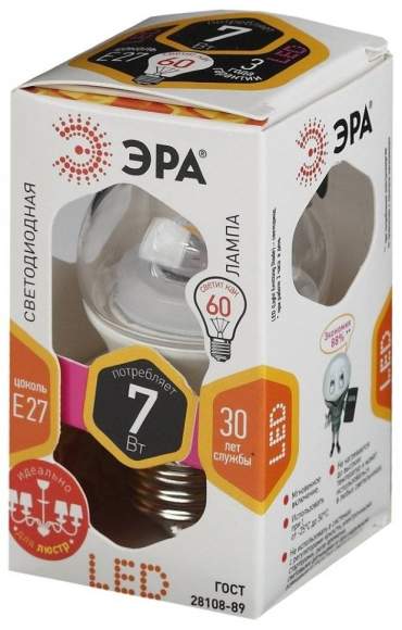 Светодиодная лампа Е27 7W 2700К (теплый) Эра LED P45-7W-827-E27-Clear (Б0017243)