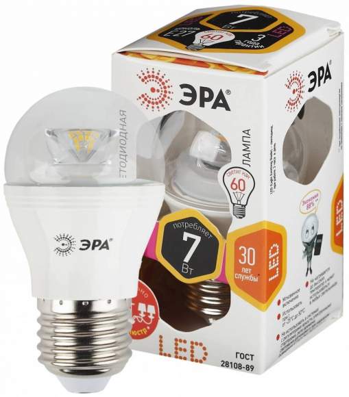 Светодиодная лампа Е27 7W 2700К (теплый) Эра LED P45-7W-827-E27-Clear (Б0017243)