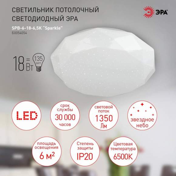 Потолочный светодиодный светильник Эра SPB-6-18-6,5K Sparkle (Б0054054)