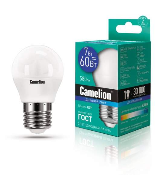 Светодиодная лампа E27 7W 6500К (холодный) G45 Camelion LED7-G45/865/E27 (12647)