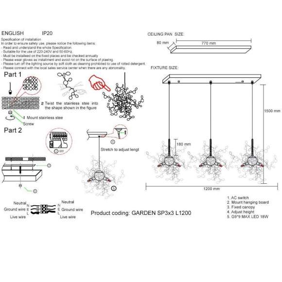 Подвесной светильник Crystal Lux с поддержкой Маруся GARDEN SP3х3 L1200 GOLD-М