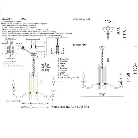 Подвесная люстра Crystal Lux с лампочками AURELIO SP8 GOLD+CHROME/TRANSPARENT+Lamps E14 Свеча Подвесная люстра Crystal Lux с лампочками AURELIO SP8 GOLD+CHROME/TRANSPARENT+Lamps E14 Свеча