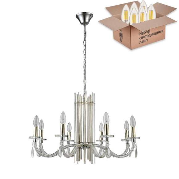 Подвесная люстра Crystal Lux с лампочками AURELIO SP8 GOLD+CHROME/TRANSPARENT+Lamps E14 Свеча Подвесная люстра Crystal Lux с лампочками AURELIO SP8 GOLD+CHROME/TRANSPARENT+Lamps E14 Свеча