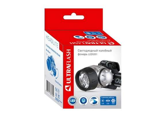 Светодиодный налобный фонарь на солевых батарейках. Поворотный корпус. Дальность 20м. Ultraflash LED5351 10260