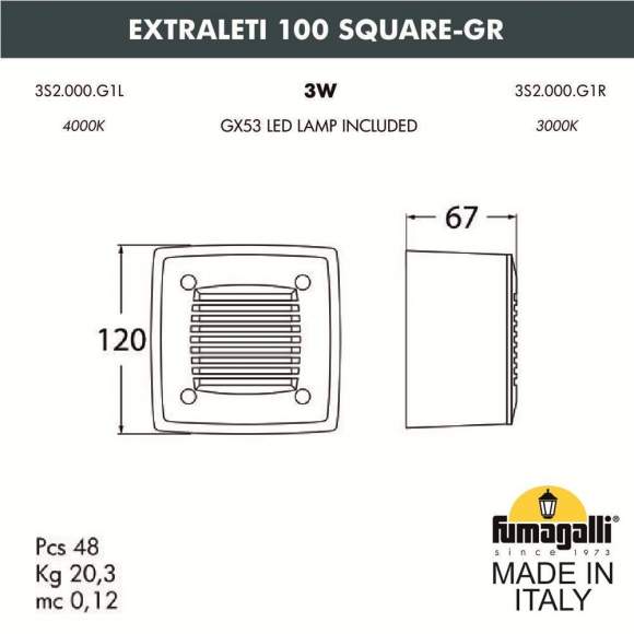 Светильник для подсветки лестниц накладной Fumagalli EXTRALeti 100 Square-GR 3S2.000.000.WYG1L