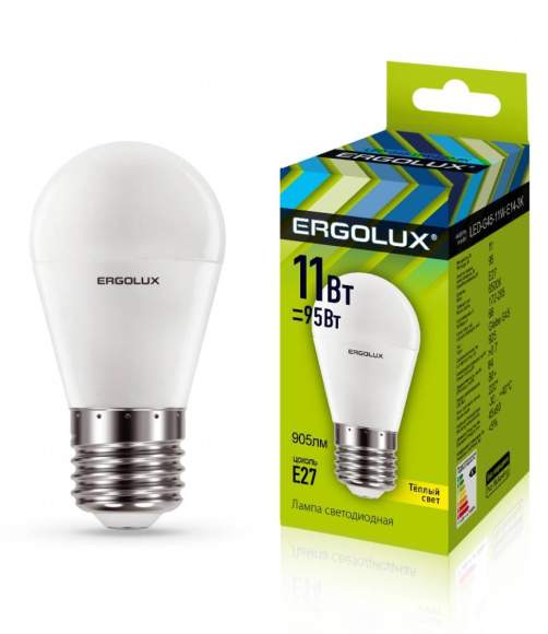 Светодиодная лампа E27 11W 3000К (теплый) Ergolux LED-G45-11W-E27-3K (13630)