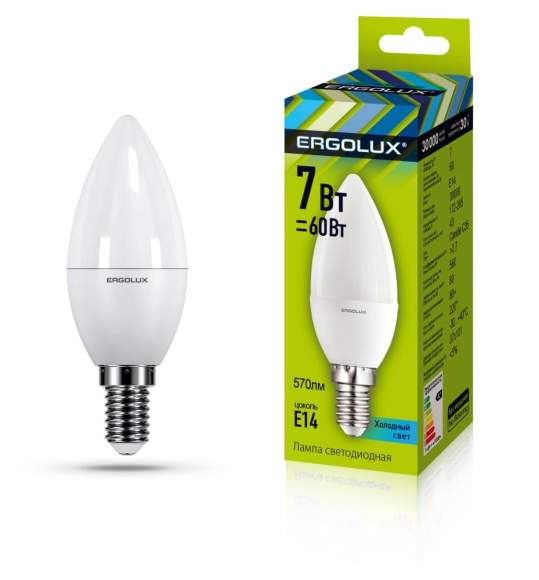 Светодиодная лампа E14 7W 3000K (теплый) Ergolux LED-C35-7W-E14-3K (12134)