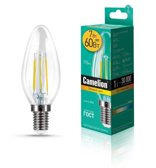 Филаментная светодиодная лампа E14 7W 3000К (теплый) C35 Camelion LED7-C35-FL/845/E14 (13452)