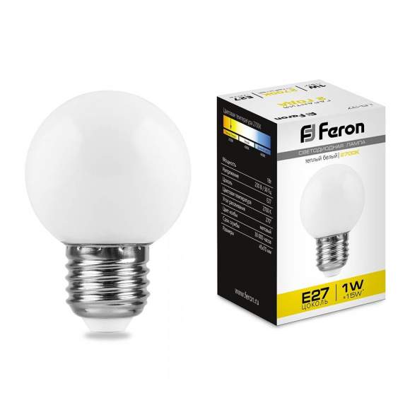Светодиодная лампа E27 1W 2700К (теплый) G45 LB-37 Feron (25878)