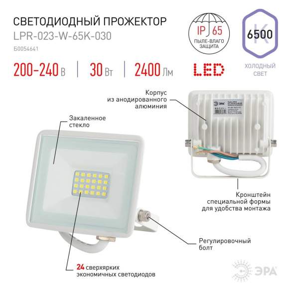 Прожектор светодиодный уличный Эра LPR-023-W-65K-030 (Б0054641) Прожектор светодиодный уличный Эра LPR-023-W-65K-030 (Б0054641)