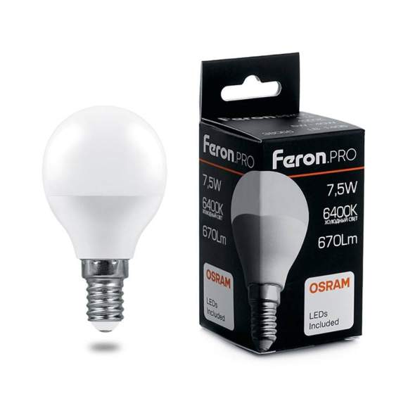 Светодиодная лампа E14 7.5W 6400К (холодный) G45 LB-1407 Feron (38073)
