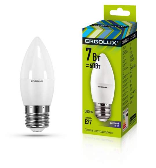 Светодиодная лампа E27 7W 6500K (холодный) C35 Ergolux LED-C35-7W-E27-6K (13299)