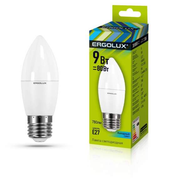 Светодиодная лампа E27 9W 4500K (белый) Ergolux LED-C35-9W-E27-4K (13171)