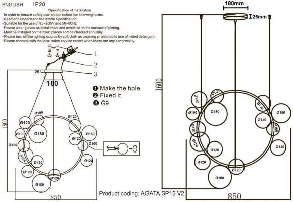 Подвесная люстра Crystal Lux с поддержкой Алиса AGATA SP15 V2 BLACK/TRANSPARENTE-А