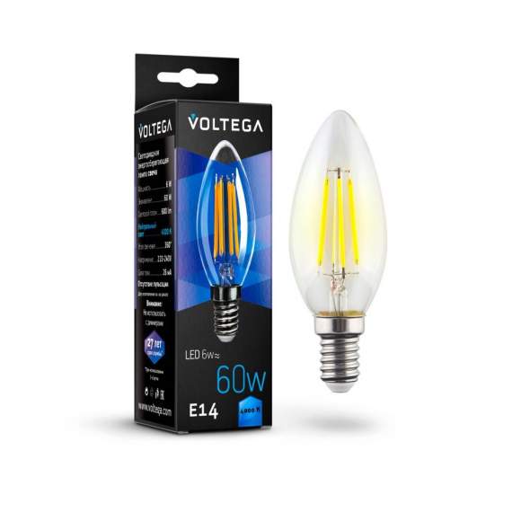 Филаментная светодиодная лампа E14 6W 4000К (белый) Crystal Voltega 7020