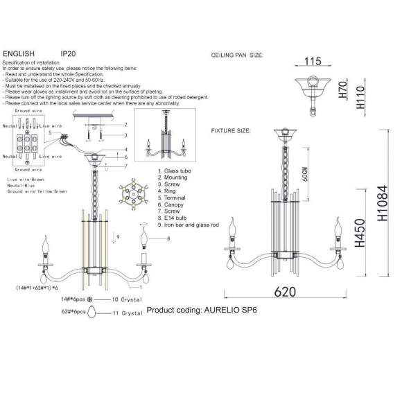Подвесная люстра Crystal Lux с лампочками AURELIO SP6 GOLD+CHROME/TRANSPARENT+Lamps E14 Свеча