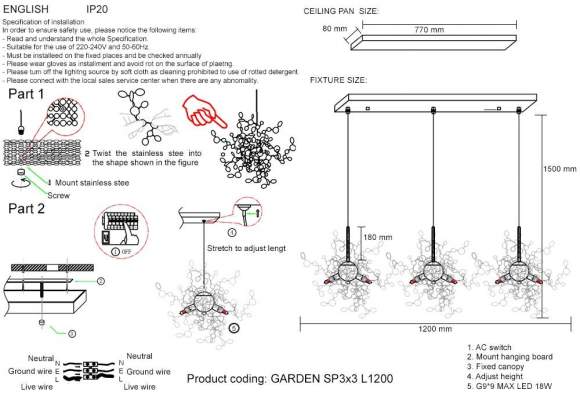 Подвесной светильник Crystal Lux GARDEN SP3х3 L1200 GOLD Подвесной светильник Crystal Lux GARDEN SP3х3 L1200 GOLD